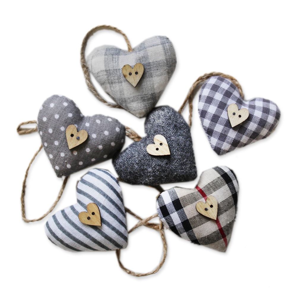 Srdce závěs textil 6ks 4cm šedá